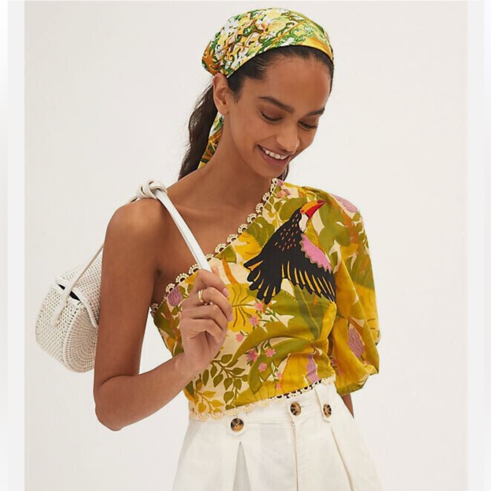 Farm Rio for Anthropologie One Shoulder Puff-sleeve Toucan Cropped Top